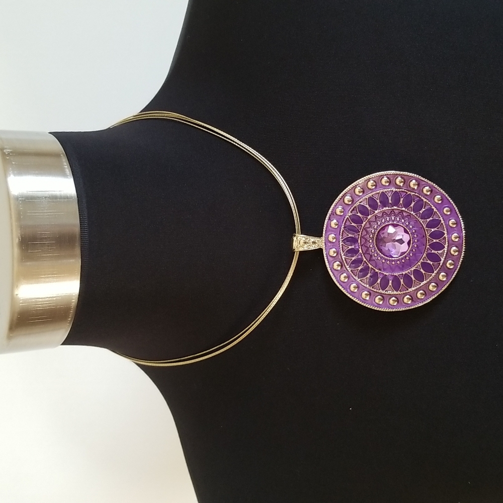 Gold Purple Rhinestone Medallion Stud Necklace